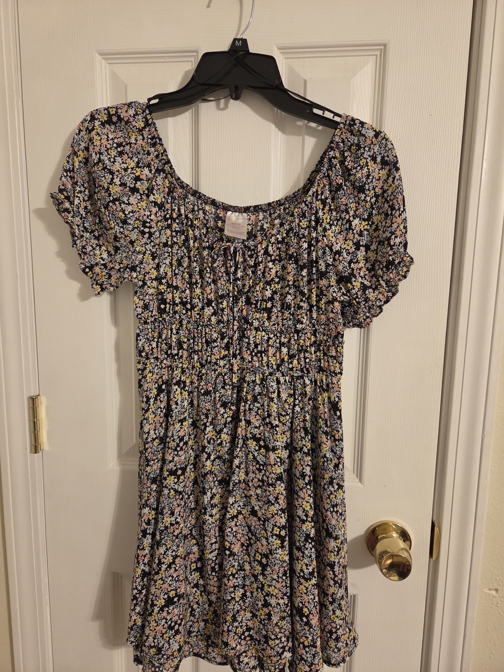 No Boundaries Navy Floral Smocked Short-Sleeve Dress with Pastel Accents